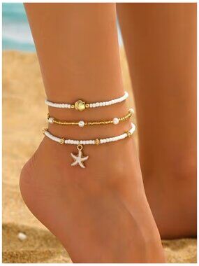 Beaded Ankle Bracelet Set White Seed Beads Faux Pearl, Shell & Starfish Golden